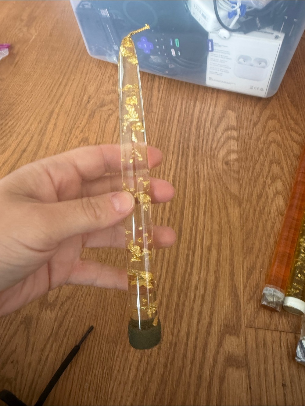 Vintage lucite candle clear with gold flakes 8in
